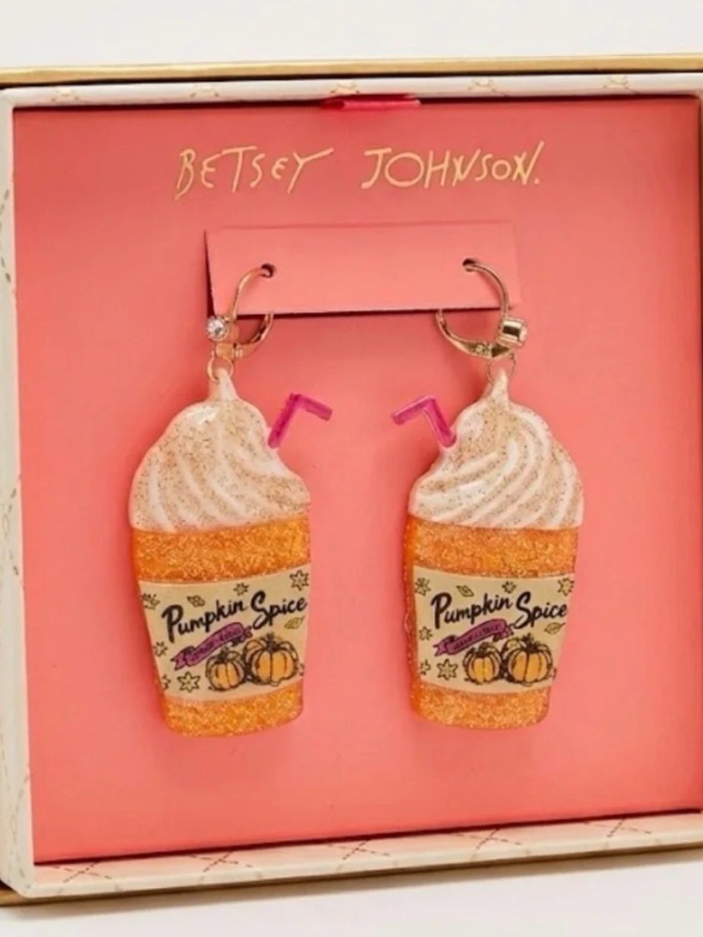 Betsey Johnson Orange & Pink Pumpkin Spice Cup Dangle Earrings in a gift box